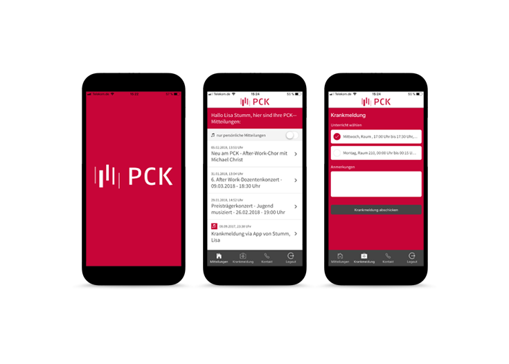 Drei Ansichten der PCK App auf dem Smartphone: Splashscreen, eine Auflistung von Mitteilungen und die Erfassung einer Krankmeldung für Schüler