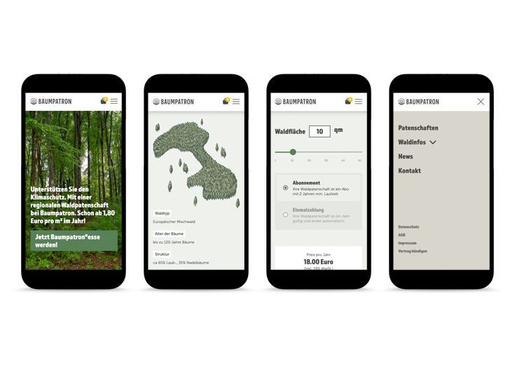 Mobile Ansichten: Startseite, Waldinformation, Formular zur Waldpatenschaft und geöffnete Navigation