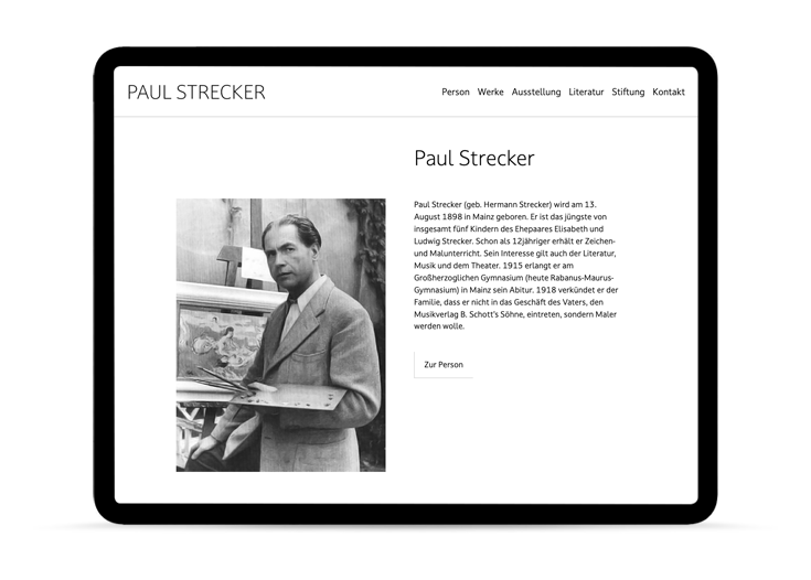 Ansicht der Webseite auf einem Tablet, angezeigt wird ein Bild von Paul Strecker und ein einleitender Text