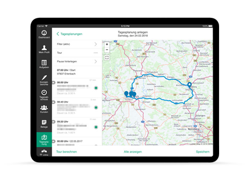 Der Screenshot zeigt die Routenplanung der Vertriebsapp Individualanwendung