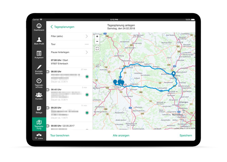 Der Screenshot zeigt die Routenplanung der Vertriebsapp Individualanwendung 